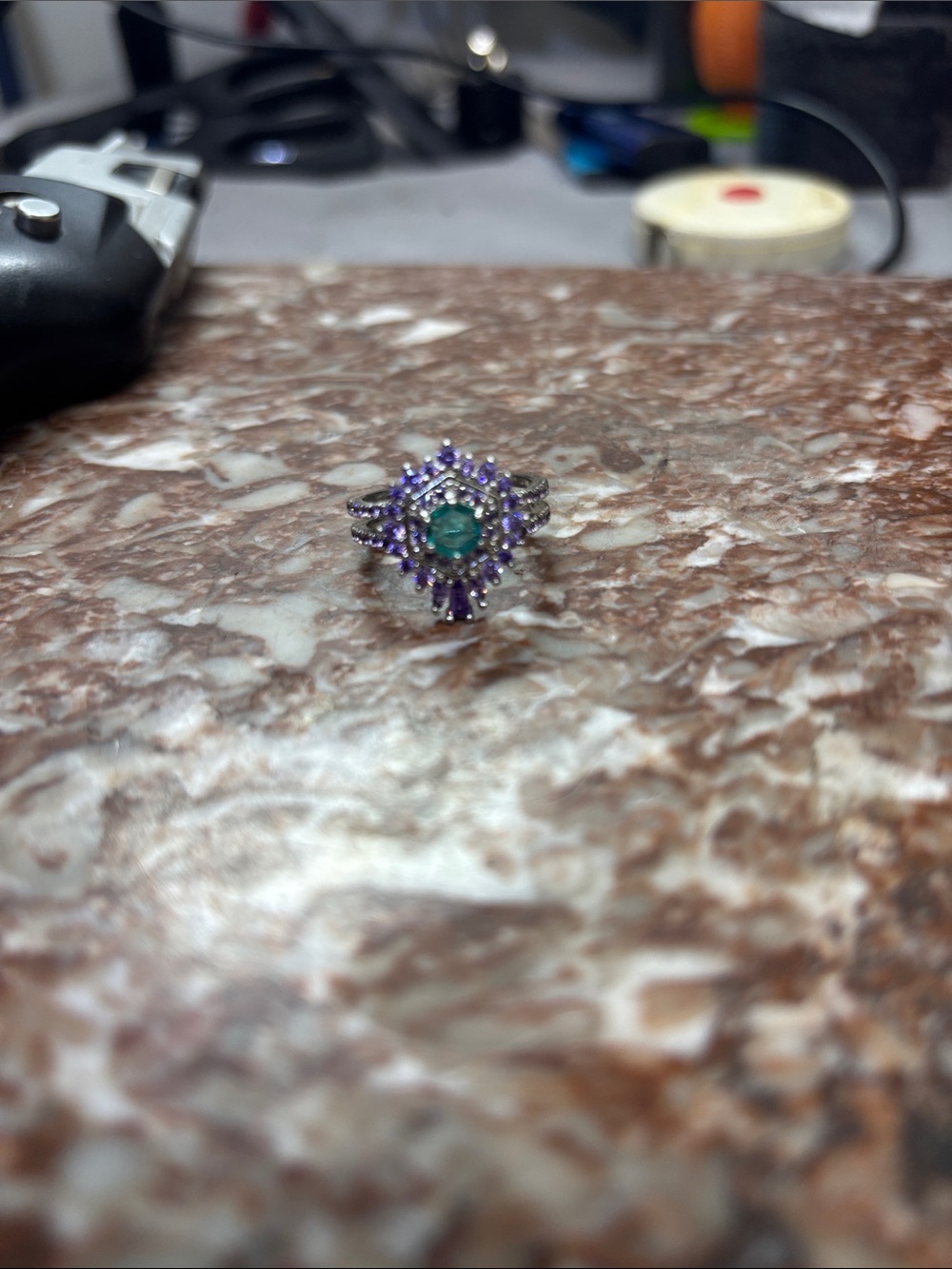 Size 7 Stunning Teal & Purple Statement Ring – Ornate Vintage-Inspired Design